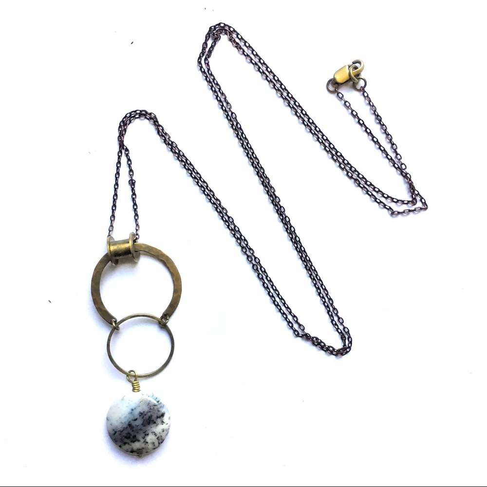 Dendritic Opal and Hammered Brass pendant necklace